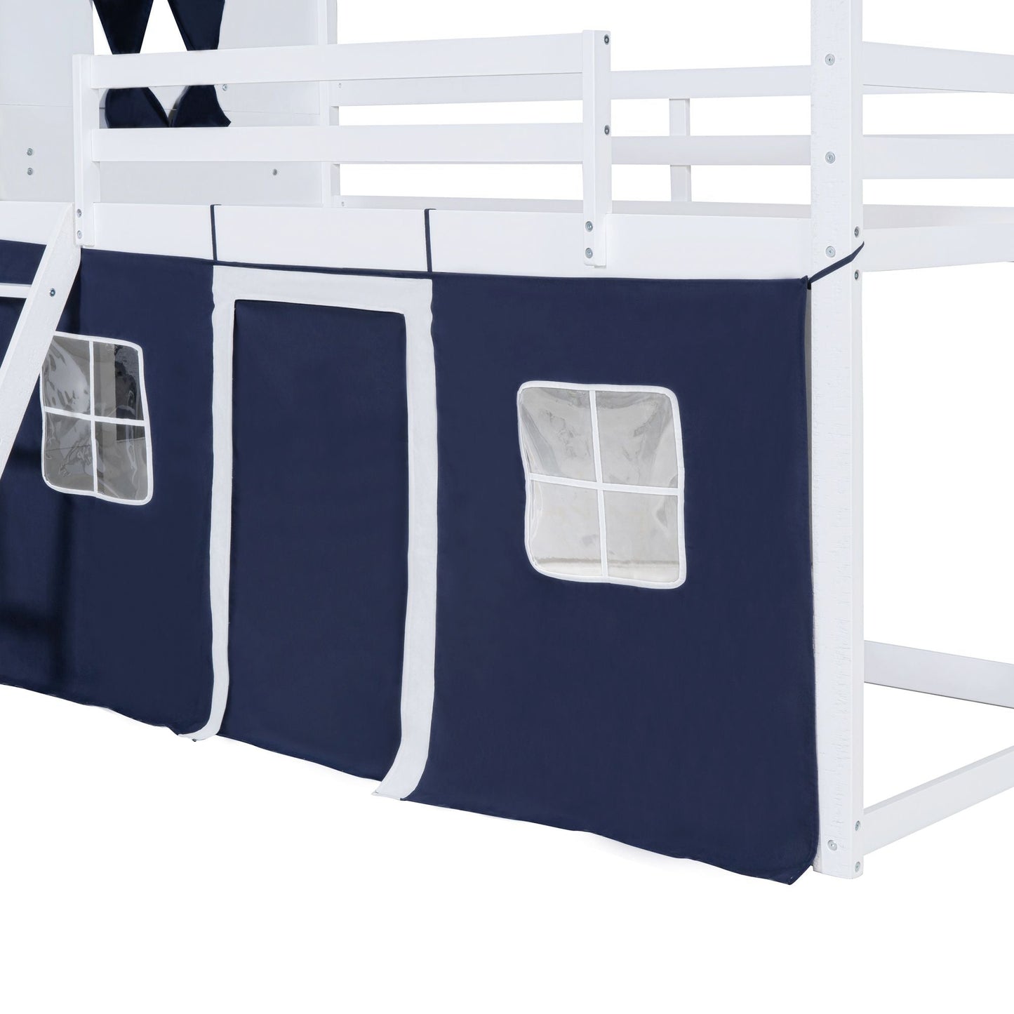 House-Style Twin Wood Bunk Bed with Elegant Windows, Sills, Tent, Blue and White | Just Better Bunk Beds