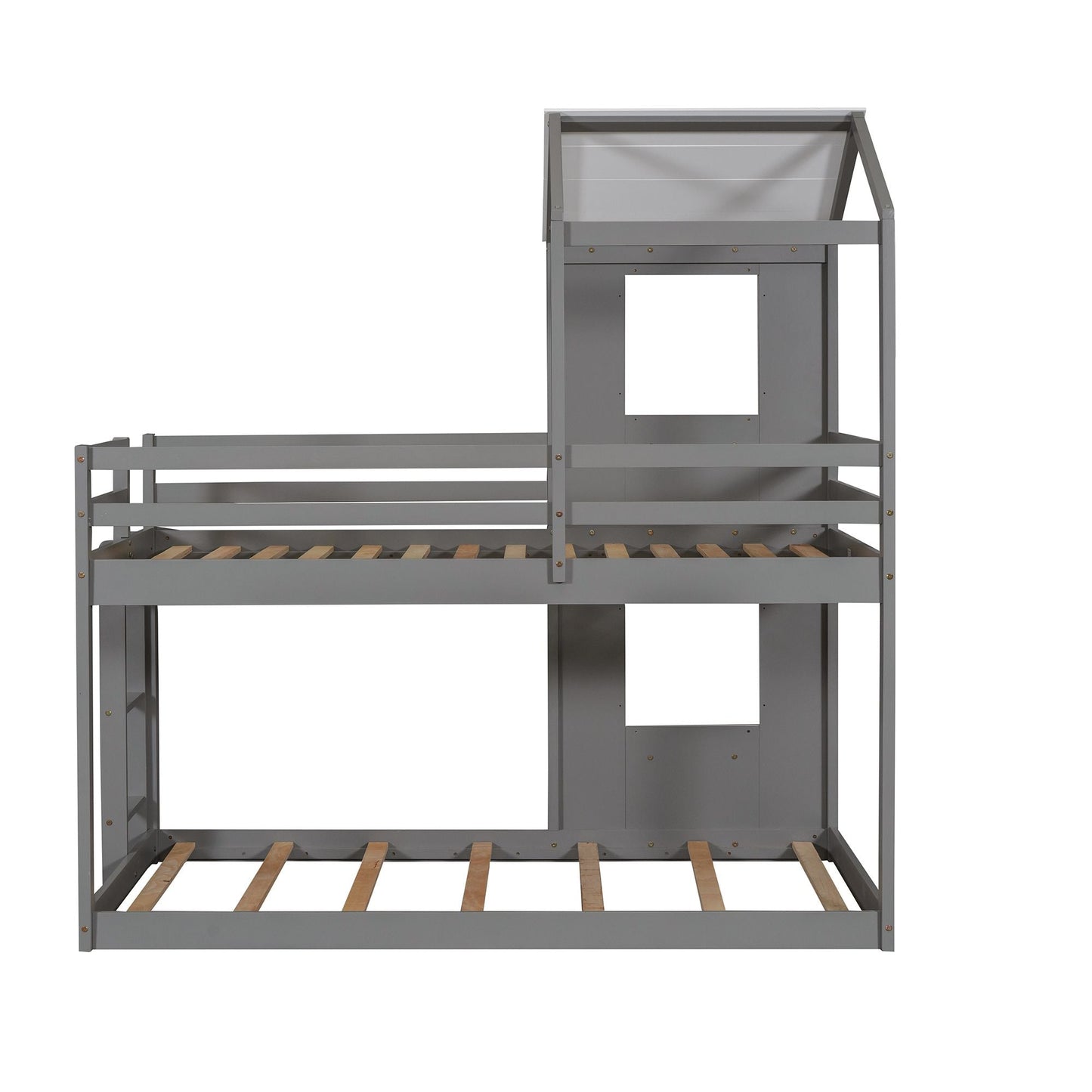 Twin Over Twin Bunk Bed Wood Bed with Roof,  Window,  Guardrail,  Ladder White