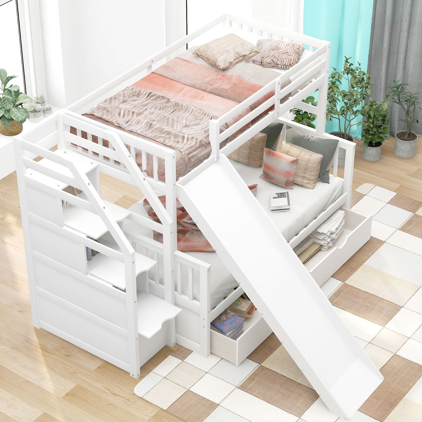 Multifunction Twin Over Full Wood Bunk Bed with Drawers and Slide, White | Just Better Bunk Beds