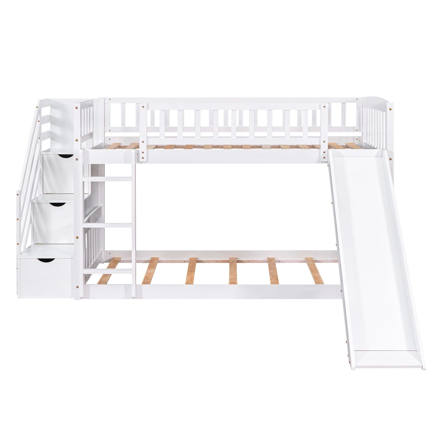 Stairway Twin over Twin Bunk Bed with Two Drawers and Slide,  White