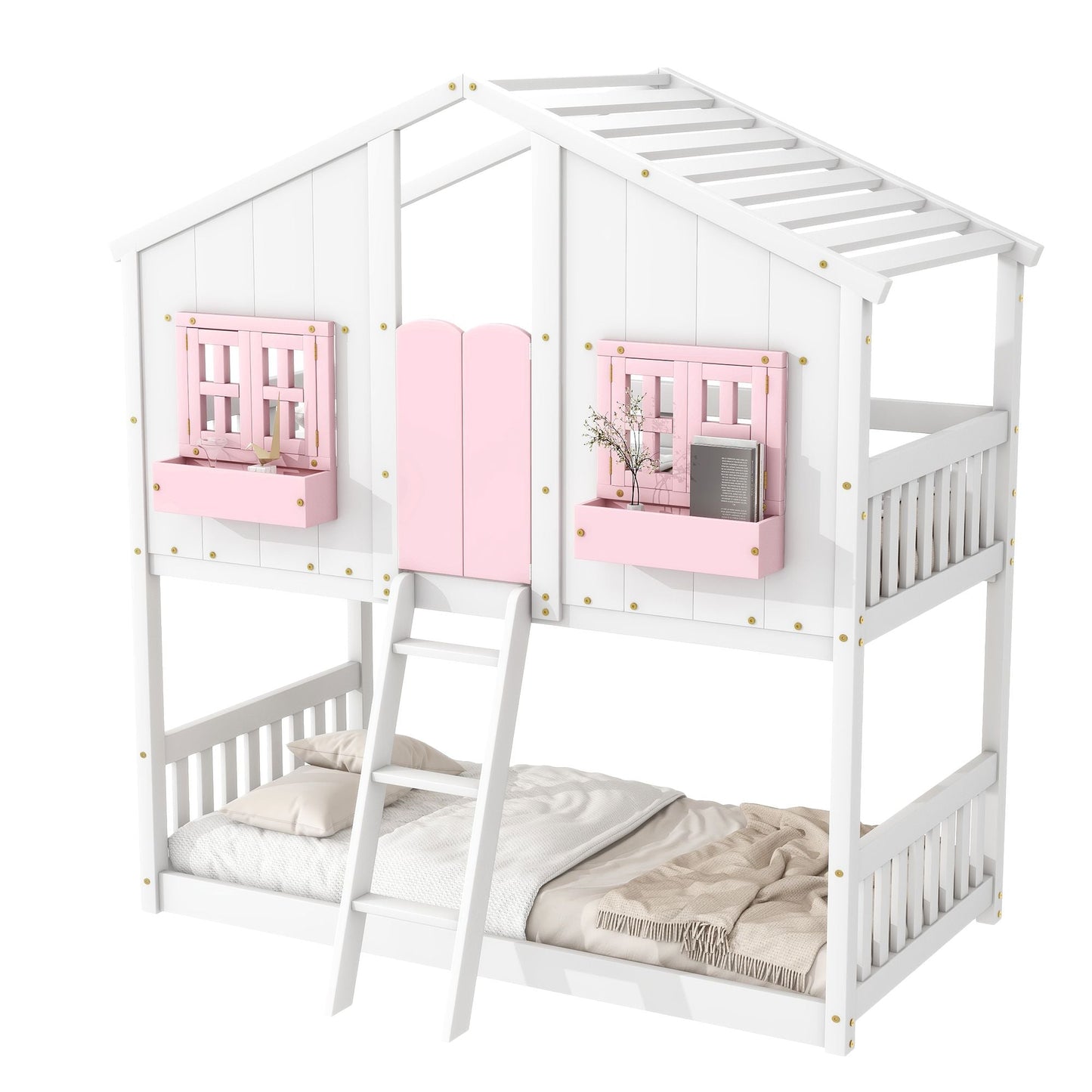 House-Style Twin Over Twin Wood Bunk Bed with Roof, Window, Door, and Ladder, Multiple Colors | Just Better Bunk Beds