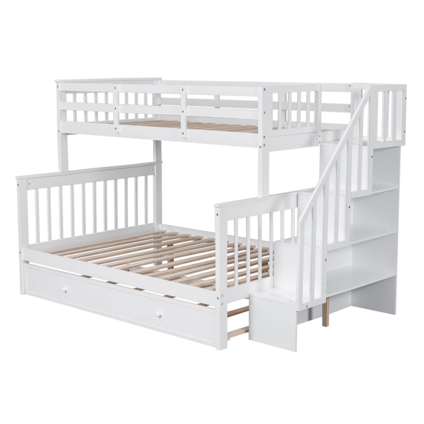 Heavy-Duty Twin Over Full Wood Bunk Bed with Twin Trundle, Storage and Guard Rail, White | Just Better Bunk Beds