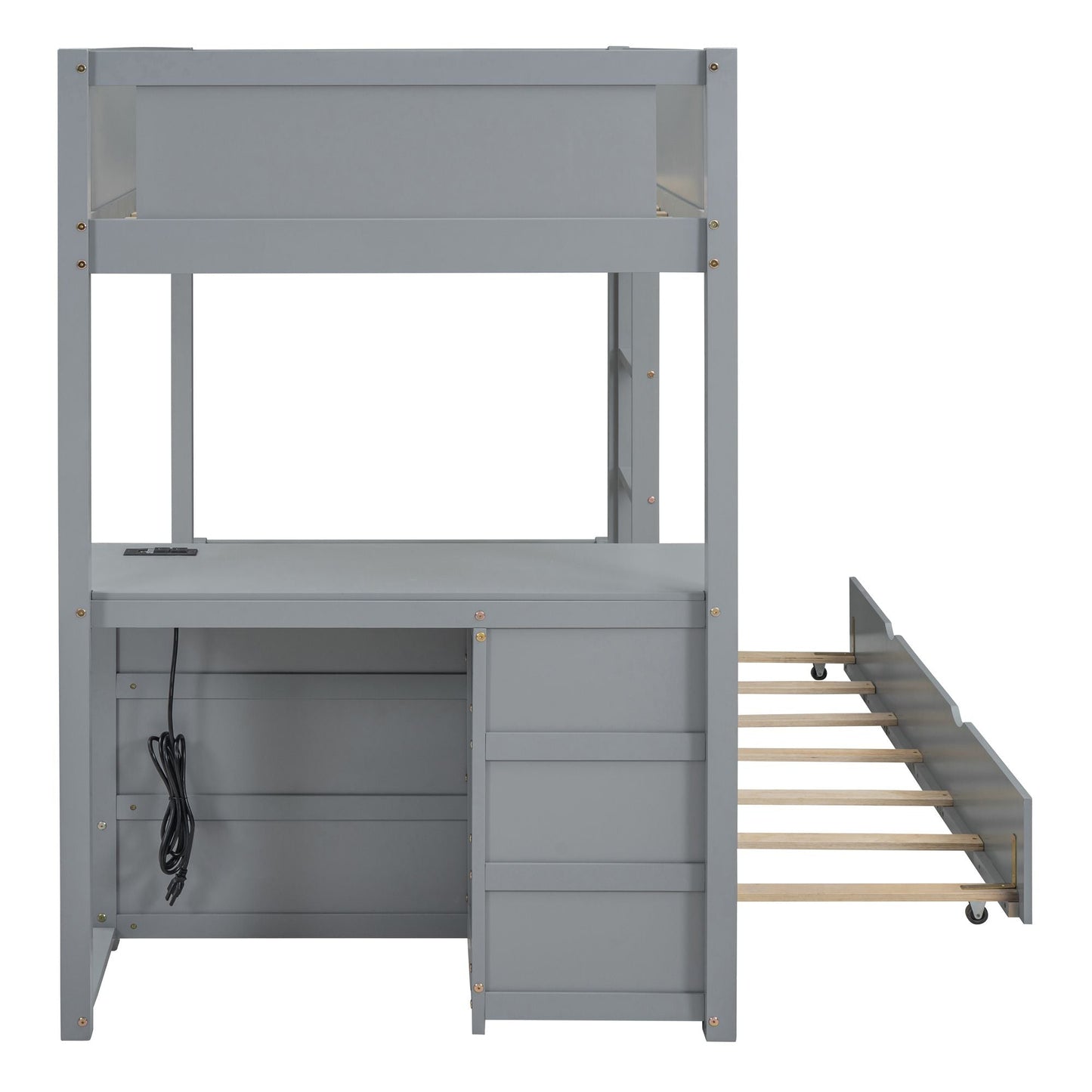 Space-Saving Twin Over Twin Wood Bunk Bed with Twin Trundle, Storage, Desk, Gray | Just Better Bunk Beds