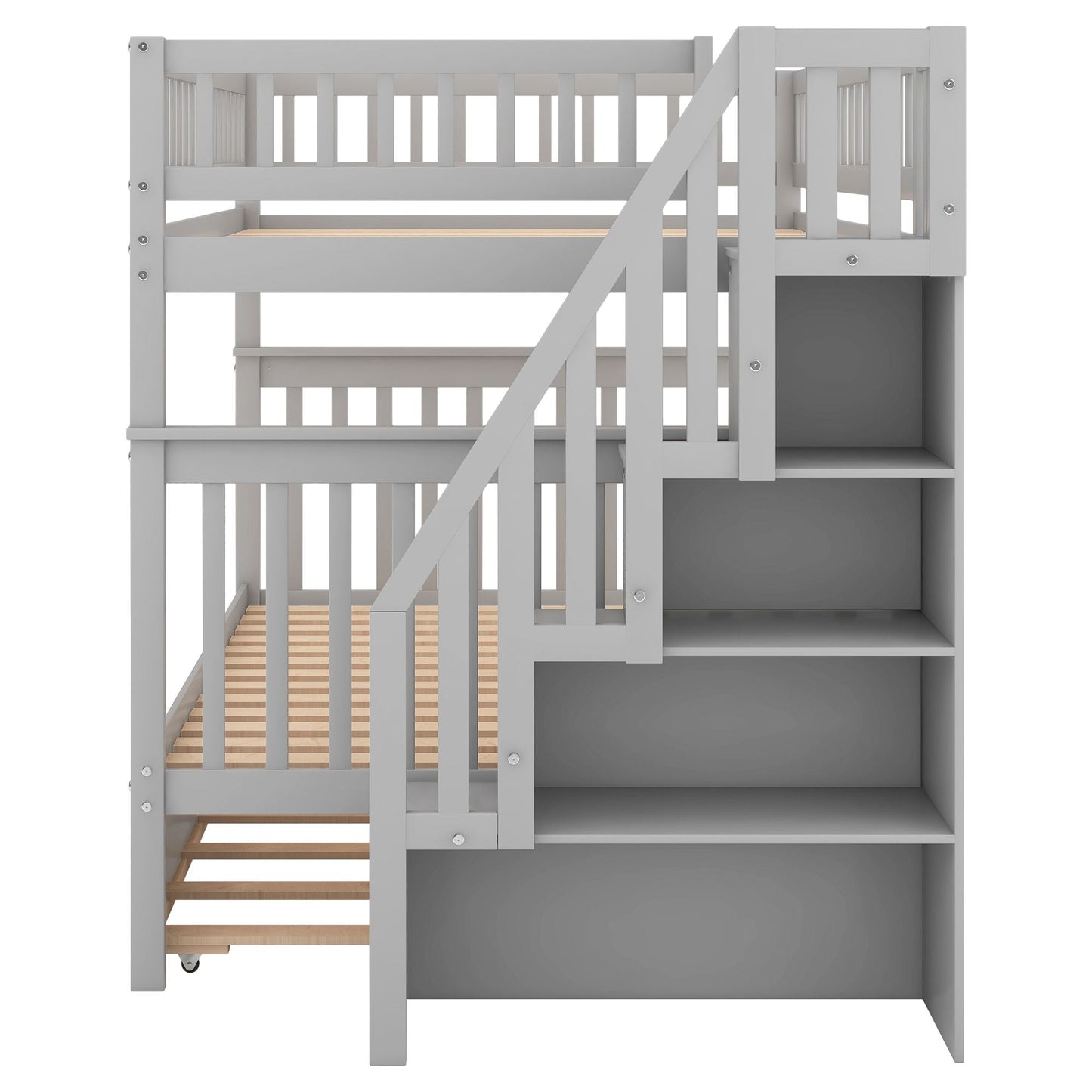 Staircase Storage Full Over Full Wood Bunk Bed with Trundle, Gray | Just Better Bunk Beds