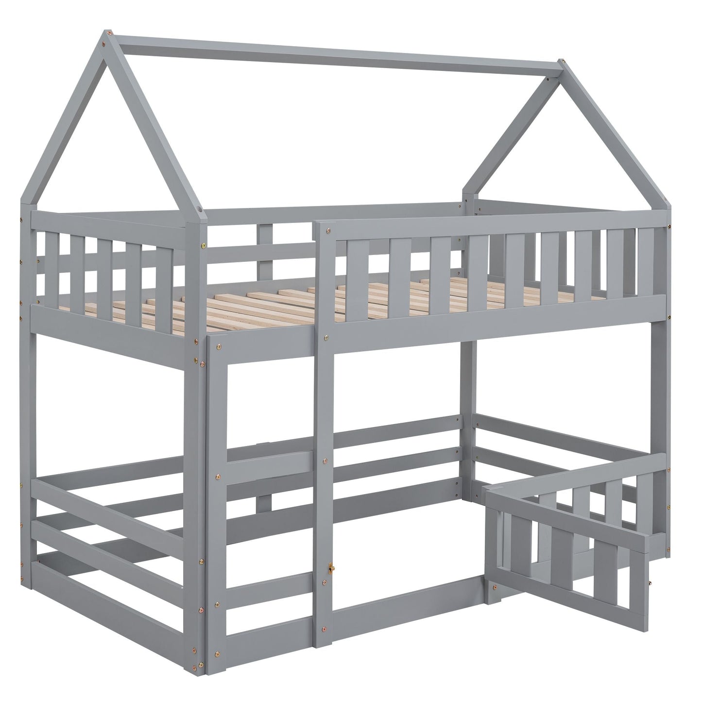 Kids Bedroom Twin Over Twin Wood House Bunk Bed with Fence and Door, Gray | Just Better Bunk Beds