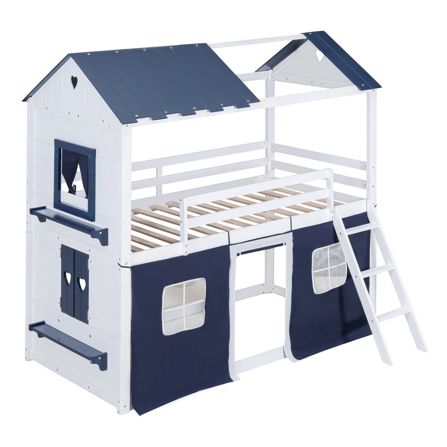 House-Style Twin Wood Bunk Bed with Elegant Windows, Sills, Tent, Blue and White | Just Better Bunk Beds
