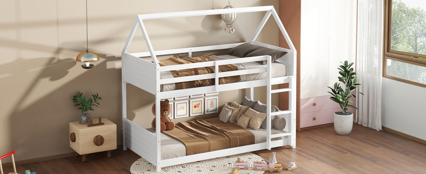 Twin Over Twin House Floor Bunk Bed with Headboards,  Footboards and Guardrails,  Ladder,  Rubber Wood Bunk Bed with Safety Guardrails, White