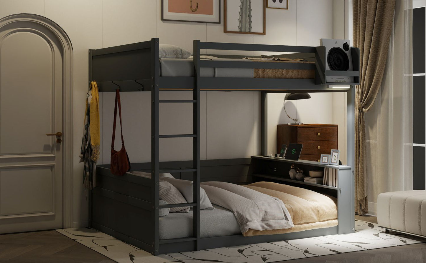 Kids Bedroom Queen Wood Bunk Bed with Built-in Shelves, Storage Box, LED Light, USB Charging, Gray | Just Better Bunk Beds