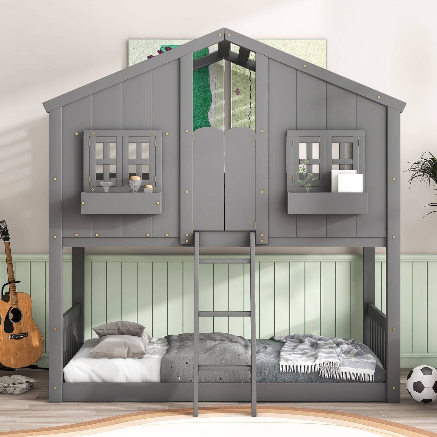 House-Style Twin Over Twin Wood Bunk Bed with Roof, Window, Door, and Ladder, Multiple Colors | Just Better Bunk Beds