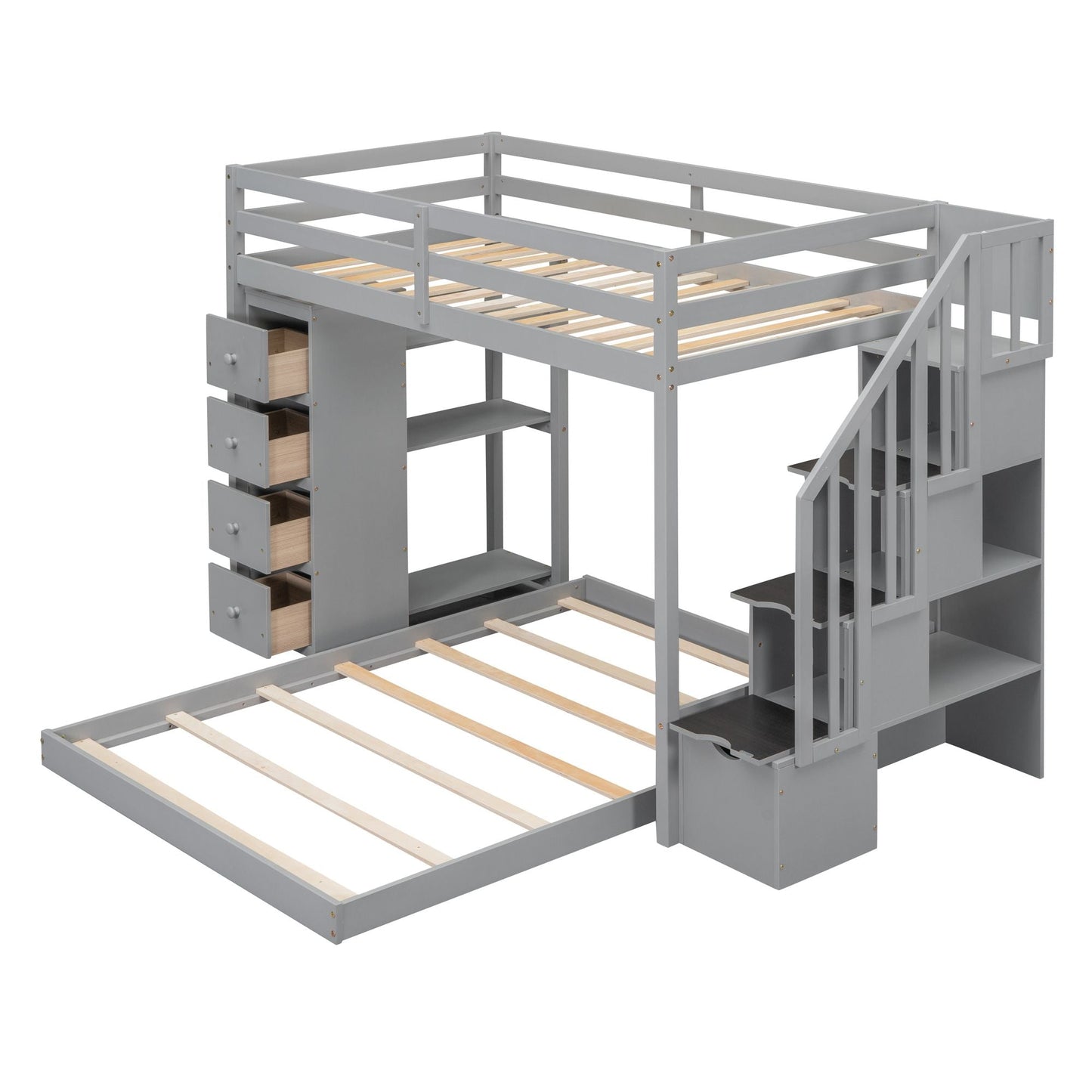 Staircase Storage Twin Over Full Wood Bunk Bed with Shelves and Drawers, Gray | Just Better Bunk Beds