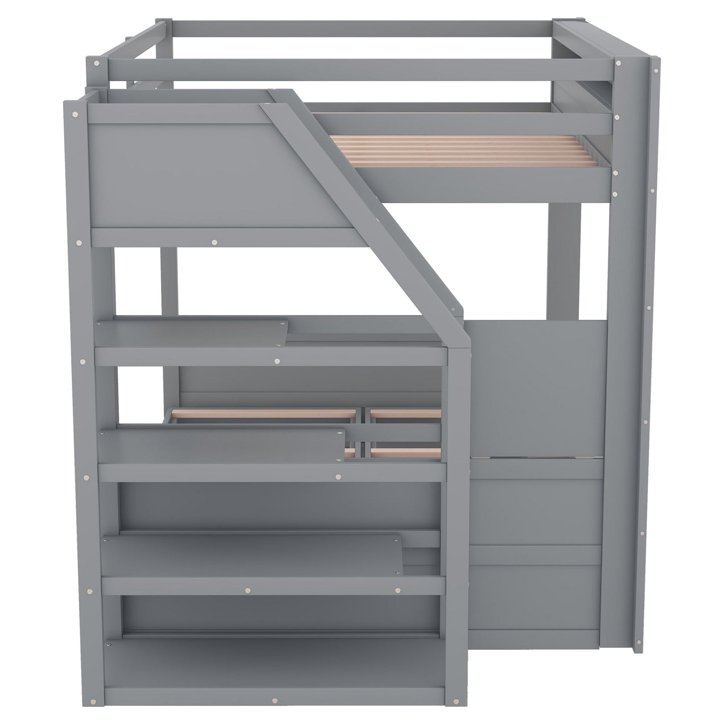 Convertible Full Wood Bunk Bed with Storage Staircase, Bedside Table, 3 Drawers, White | Just Better Bunk Beds
