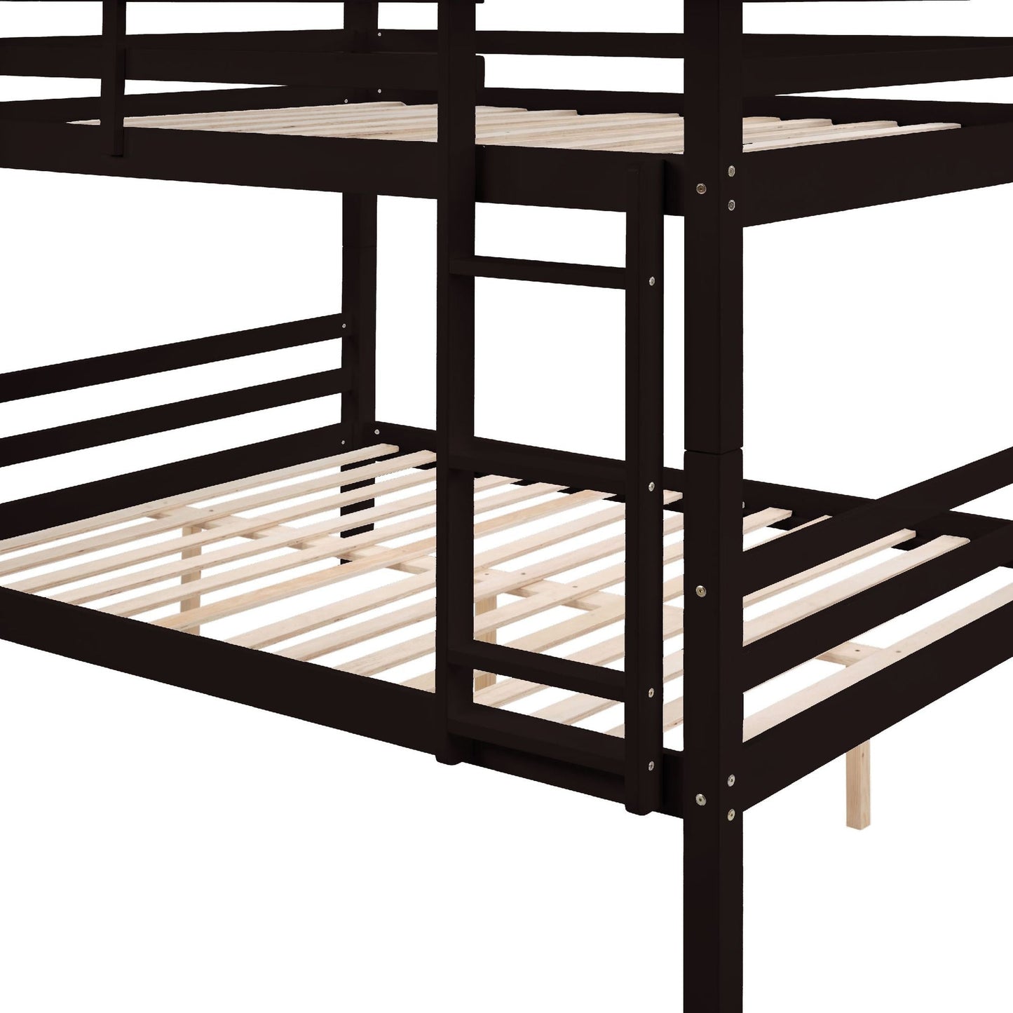 Durable Full Over Full Wood Bunk Bed with Thick Posts, High Guardrail, Ladder, Espresso | Just Better Bunk Beds