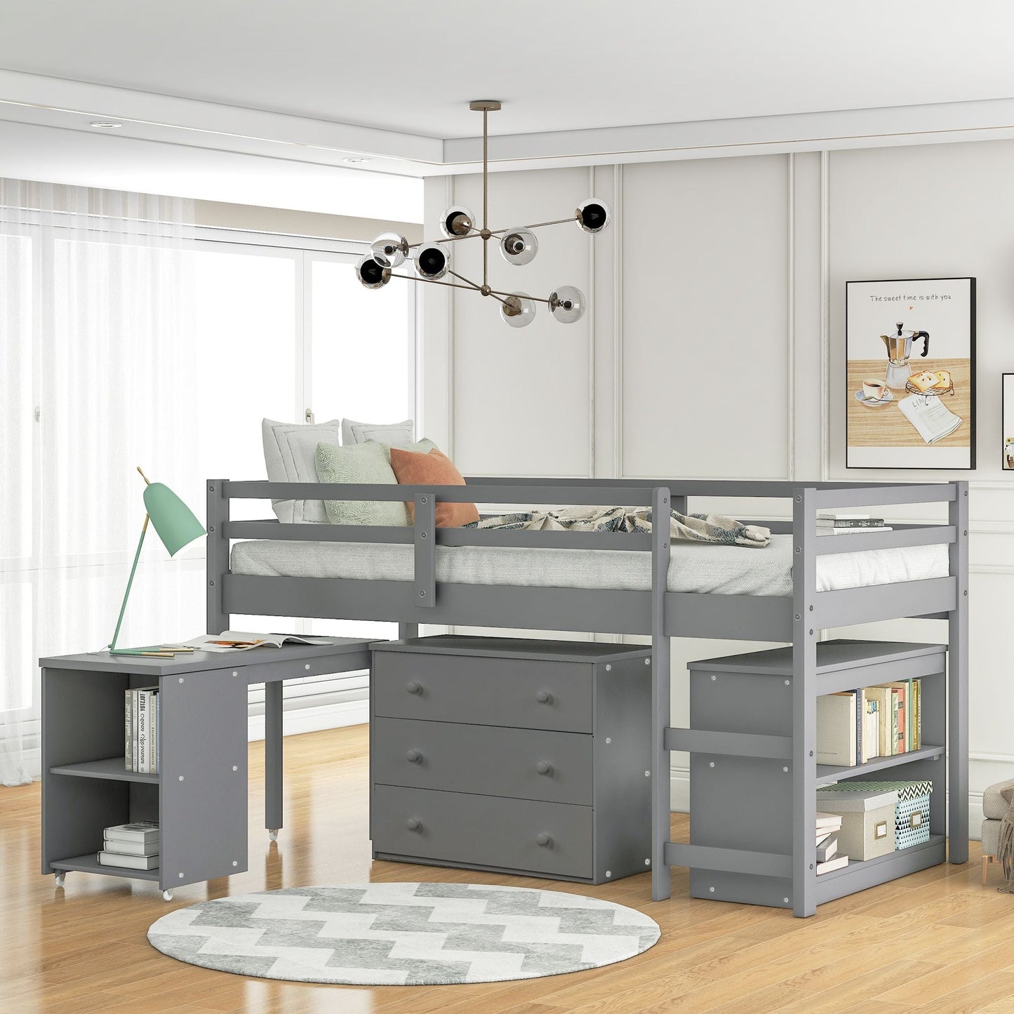 Kids Bedroom Twin Wood Loft Bed with Cabinet and Rolling Desk, White | Just Better Bunk Beds
