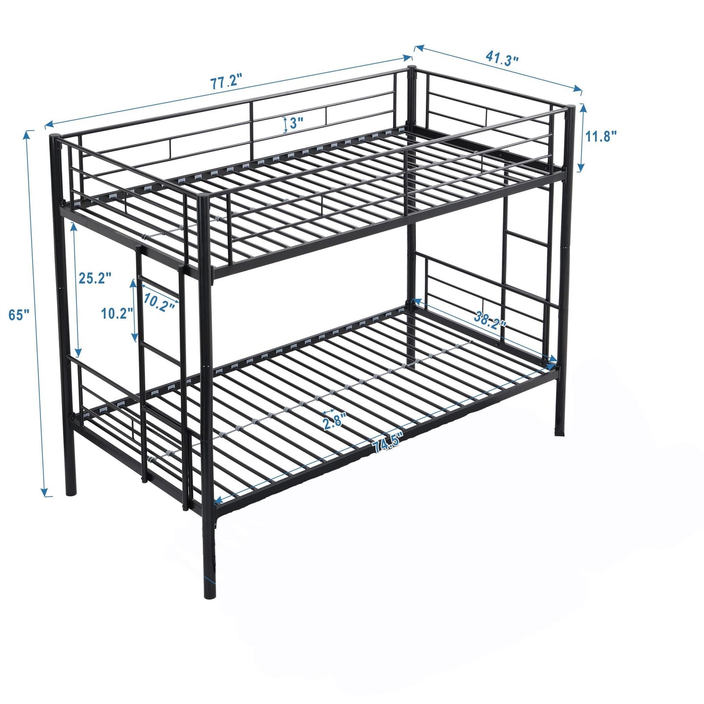 Shared Room Solution Twin Over Twin Metal Bunk Bed with 2 Ladders and Full-Length Guardrail, Black | Just Better Bunk Beds