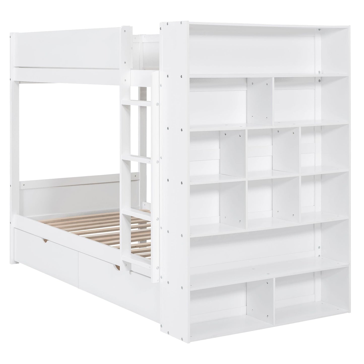 Storage Twin Over Twin Wood Bunk Bed with 2 Drawers and Multi-Layer Cabinet, White | Just Better Bunk Beds