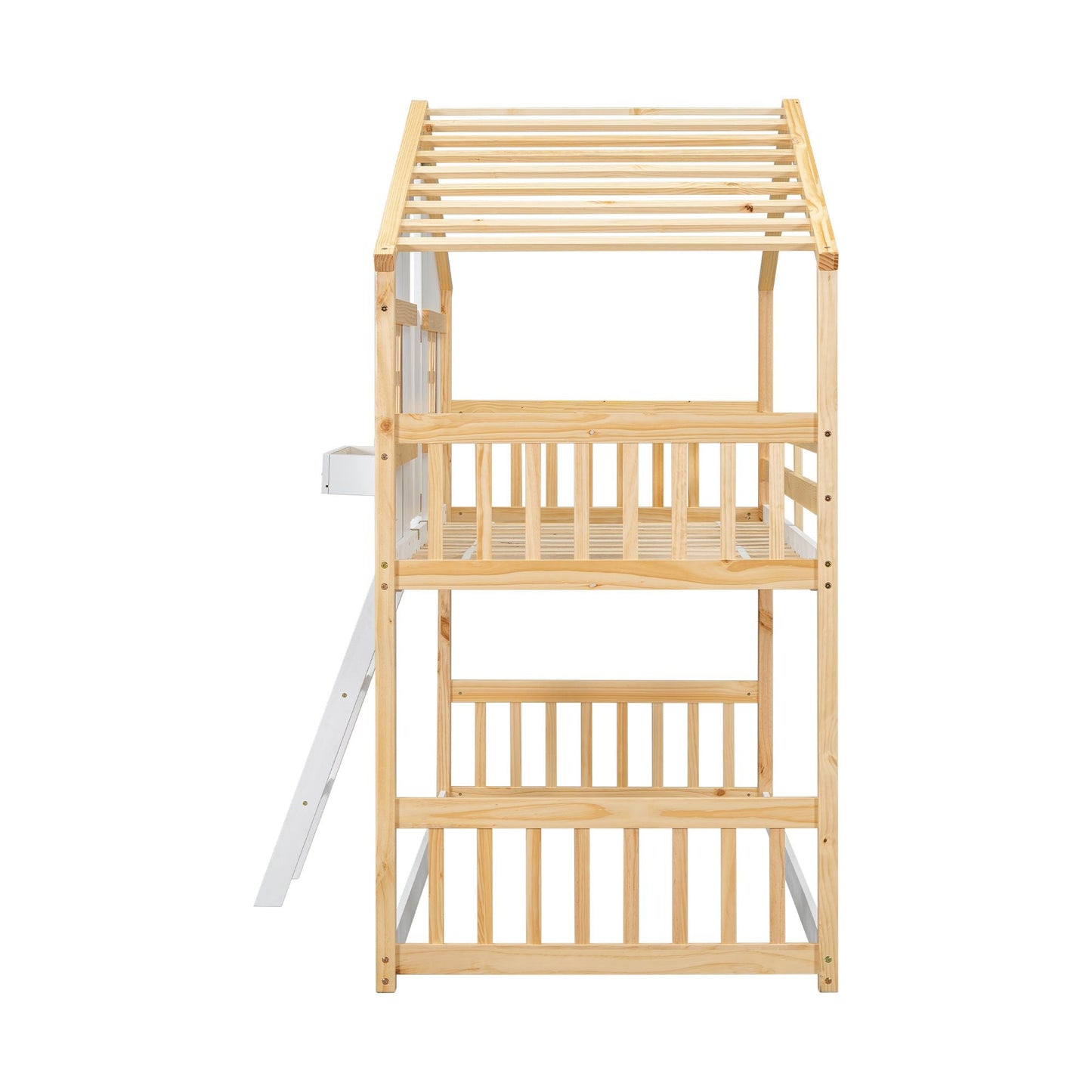 House-Style Twin Over Twin Wood Bunk Bed with Roof, Window, Door, and Ladder, Multiple Colors | Just Better Bunk Beds