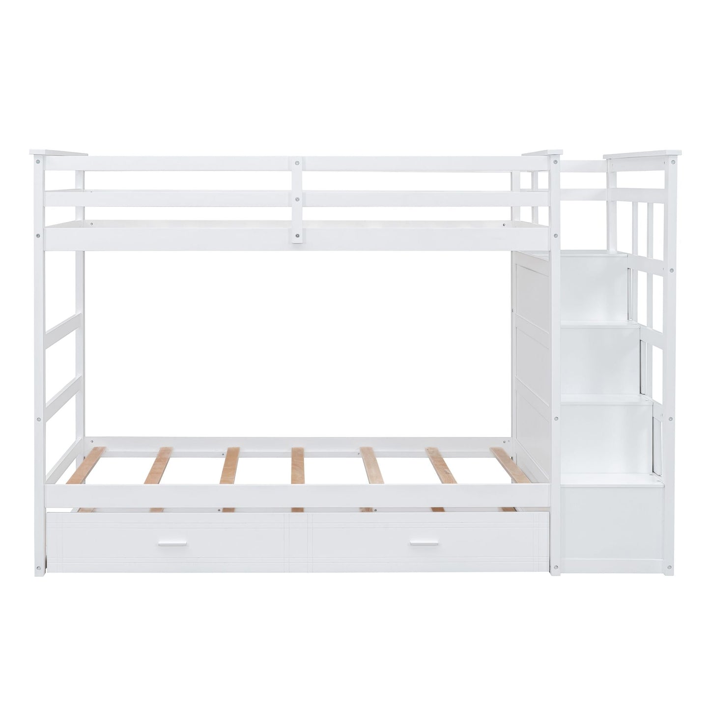 Staircase Storage Twin Over Twin Wood Bunk Bed with Trundle, White | Just Better Bunk Beds