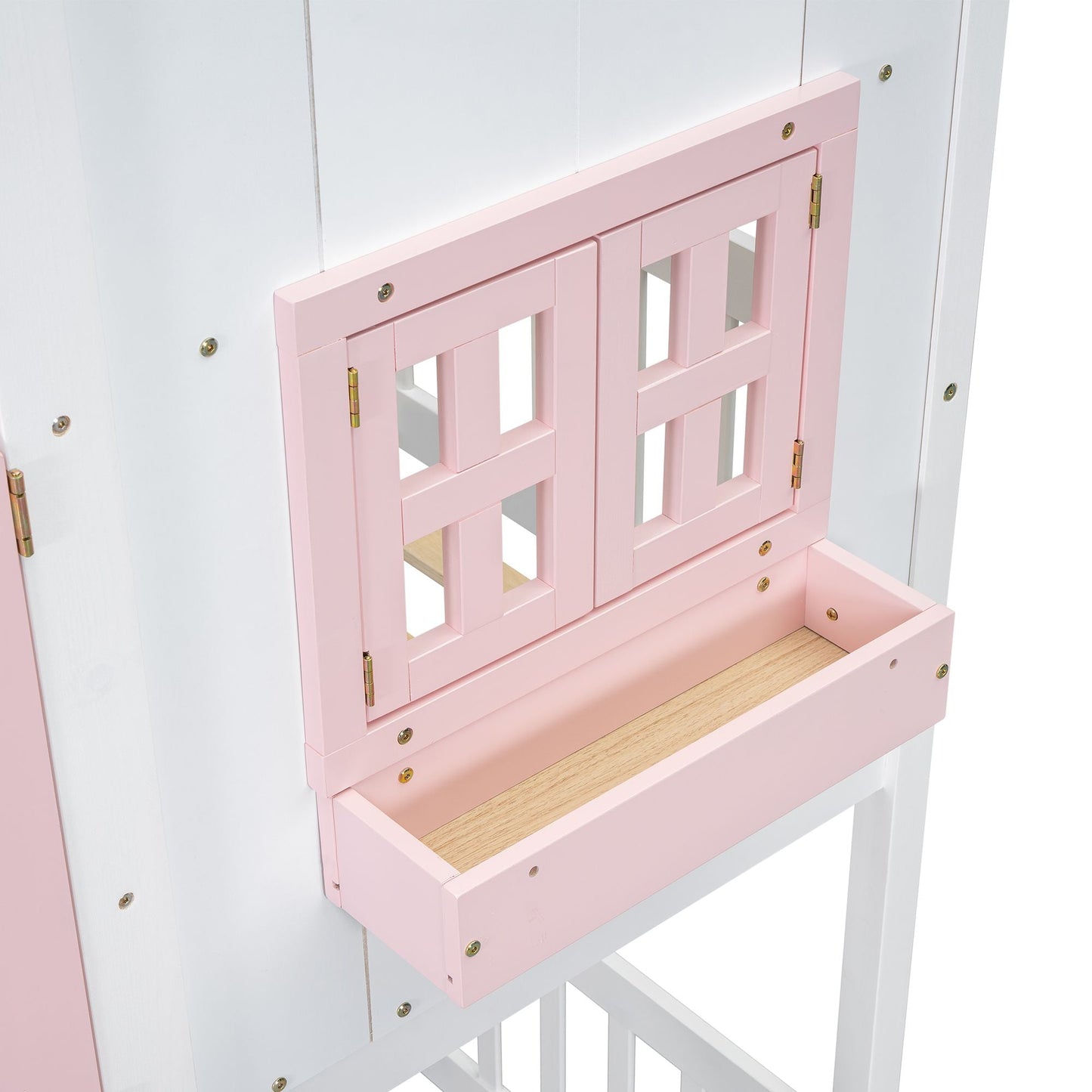 House-Style Twin Over Twin Wood Bunk Bed with Roof, Window, Door, and Ladder, Multiple Colors | Just Better Bunk Beds