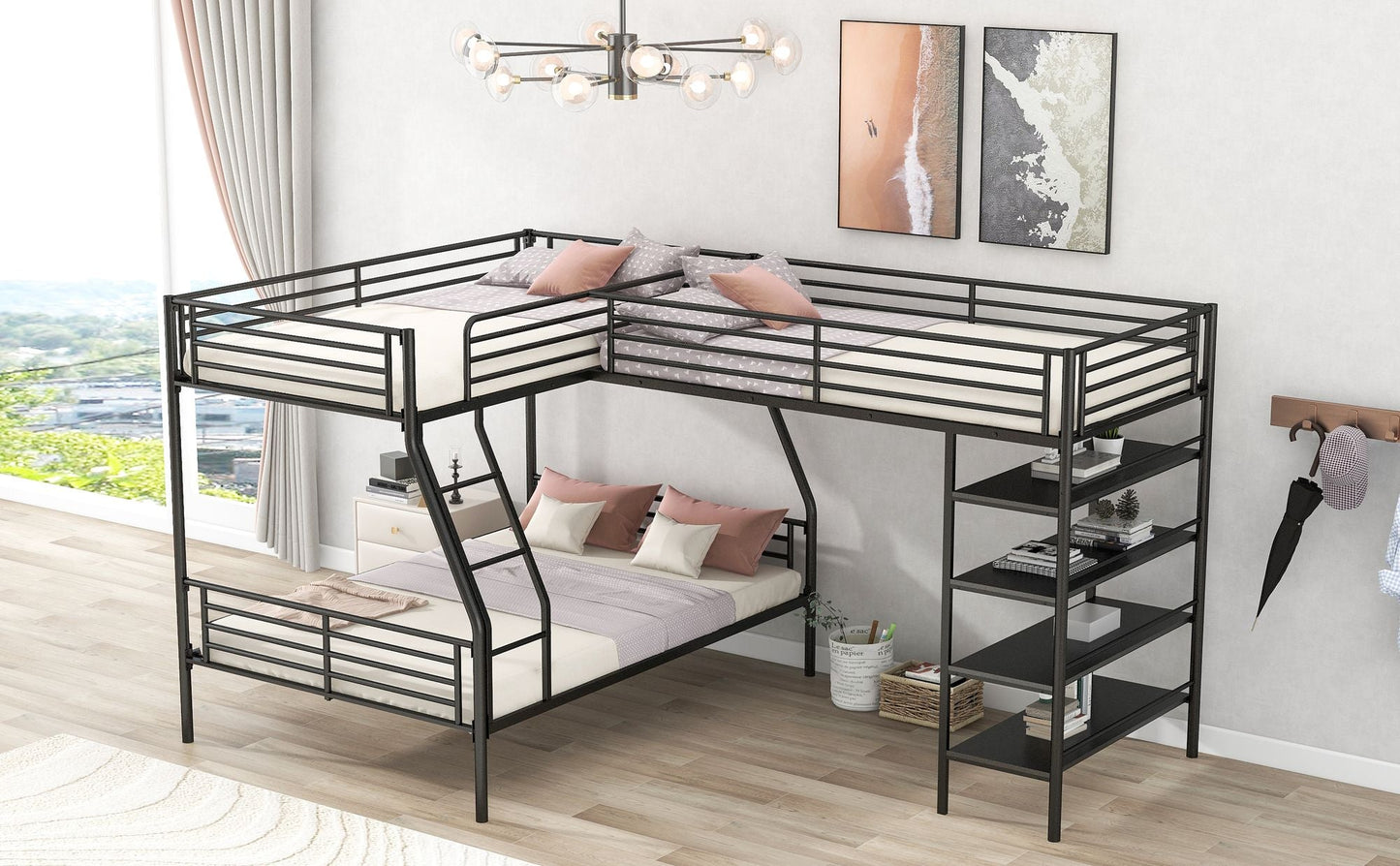 L-Shaped Metal Twin Over Full Bunk Bed and Loft Bed with Built-in Shelves, Black | Just Better Bunk Beds
