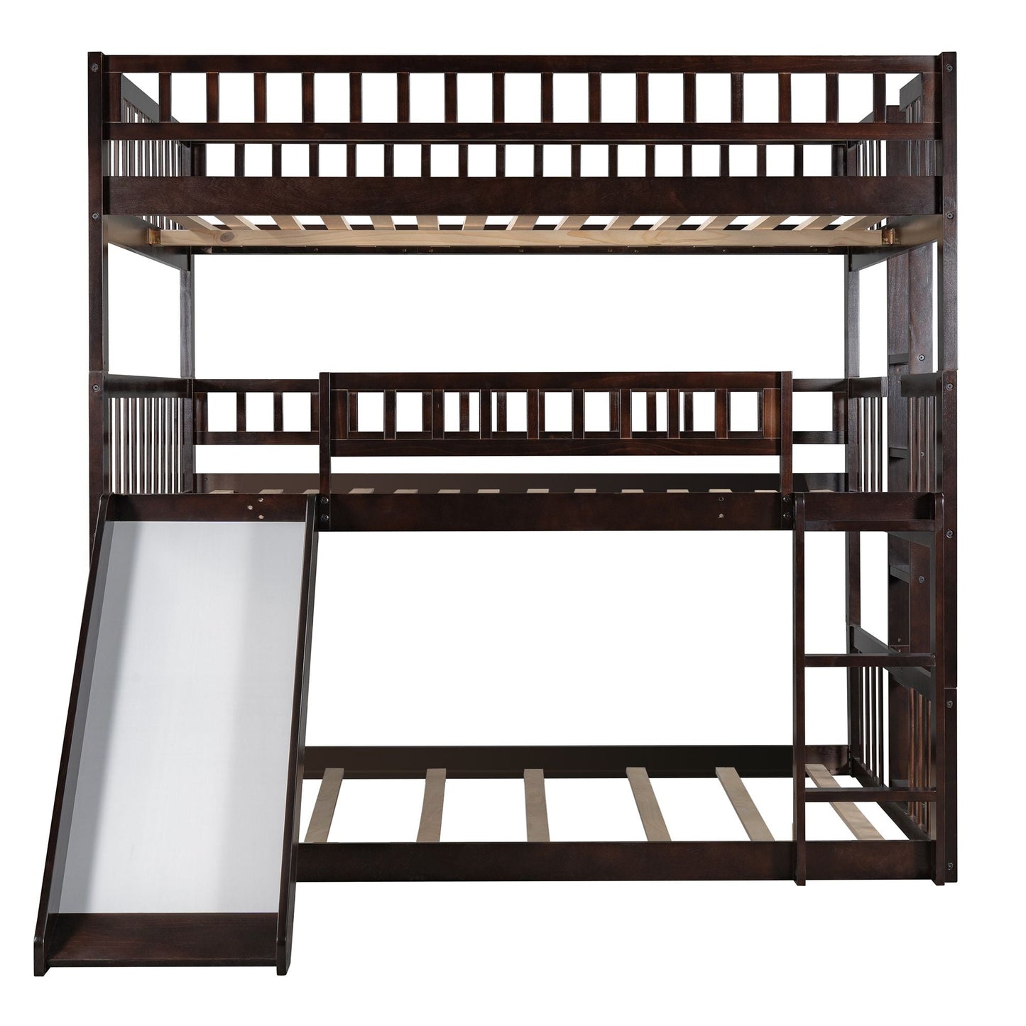 Shared Room Solution Full Over Full Over Full Wood Triple Bunk Bed with Ladder, Slide, Guardrails, Espresso | Just Better Bunk Beds