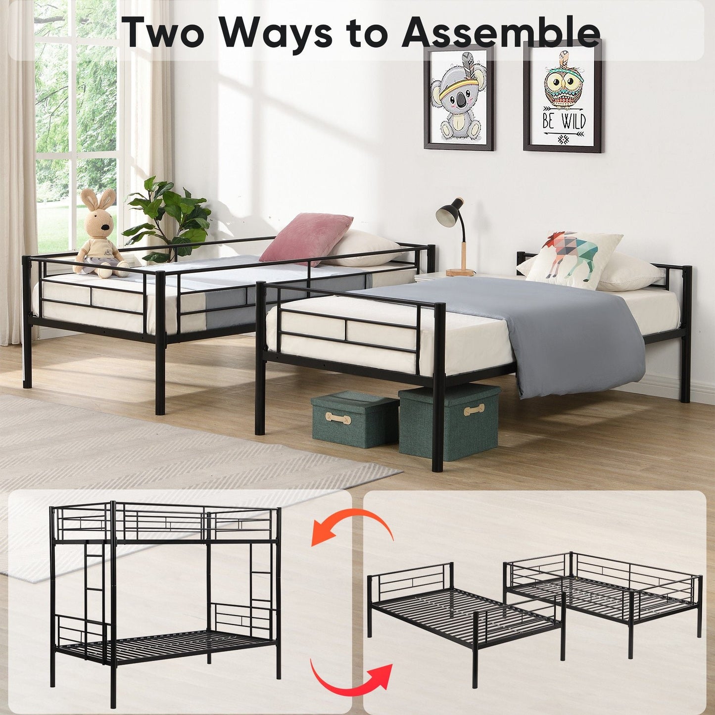 Heavy-Duty Twin Metal Bunk Bed with Trundle and Guard Rail, Multiple Colors | Just Better Bunk Beds