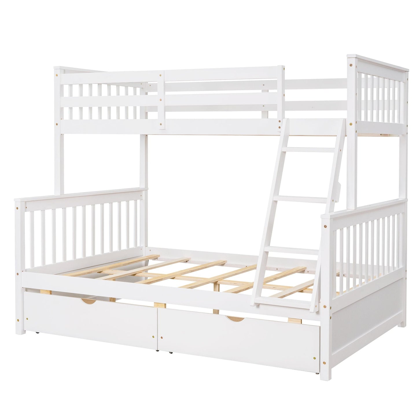 Heavy-Duty Twin Over Full Wood Bunk Bed with Ladders and Two Storage Drawers, White | Just Better Bunk Beds