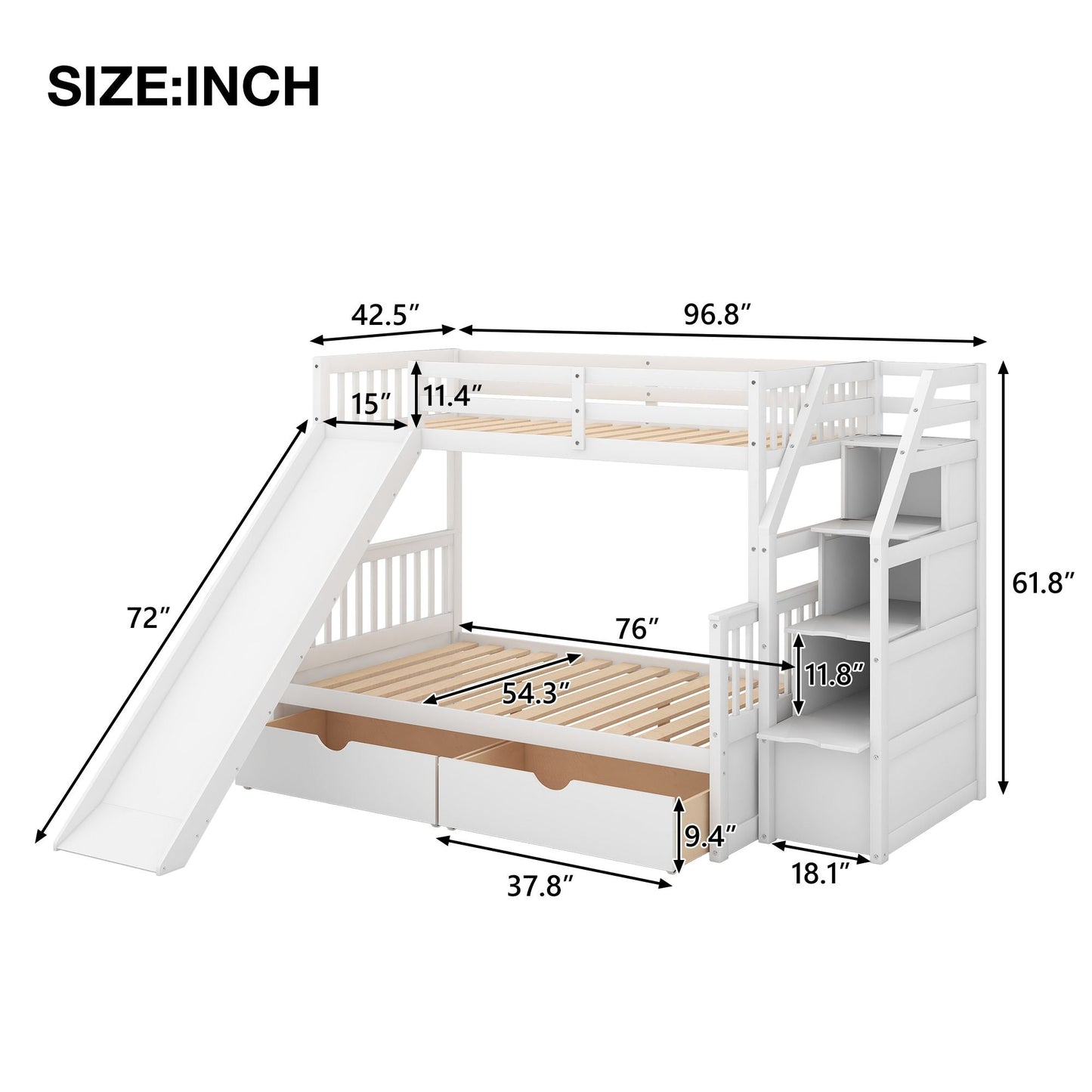 Multifunction Twin Over Full Wood Bunk Bed with Drawers, Storage and Slide, White | Just Better Bunk Beds
