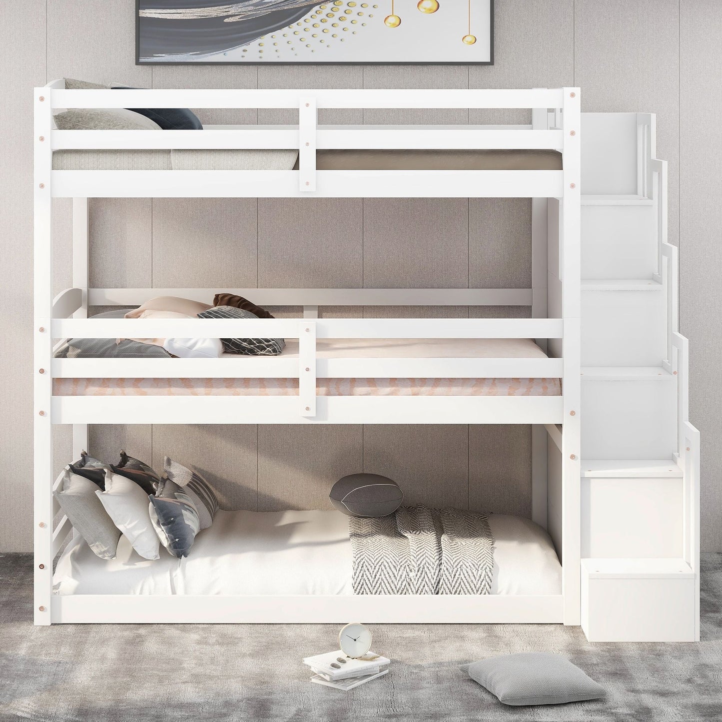Shared Room Solution Twin Triple Wood Bunk Bed with Storage Staircase, White | Just Better Bunk Beds