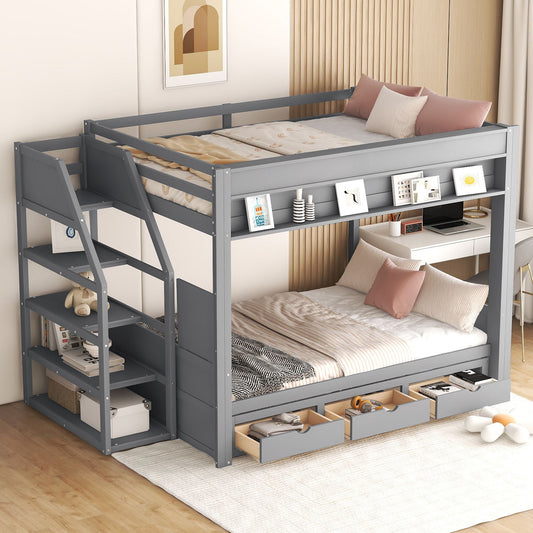 Convertible Full Wood Bunk Bed with Storage Staircase, Bedside Table, 3 Drawers, White | Just Better Bunk Beds