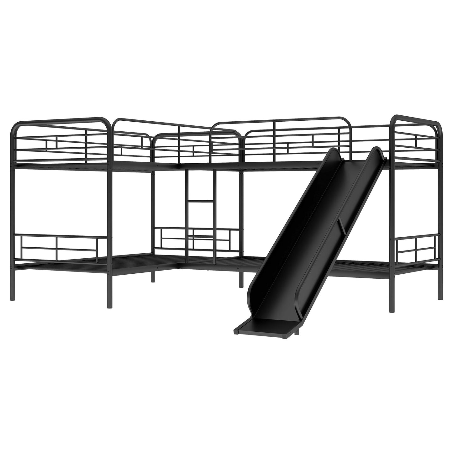 Twin Size L-Shaped Bunk Bed with Slide and Ladder,  Black