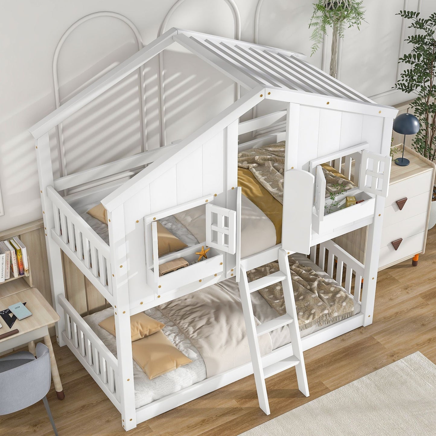 House-Style Twin Over Twin Wood Bunk Bed with Roof, Window, Door, and Ladder, Multiple Colors | Just Better Bunk Beds