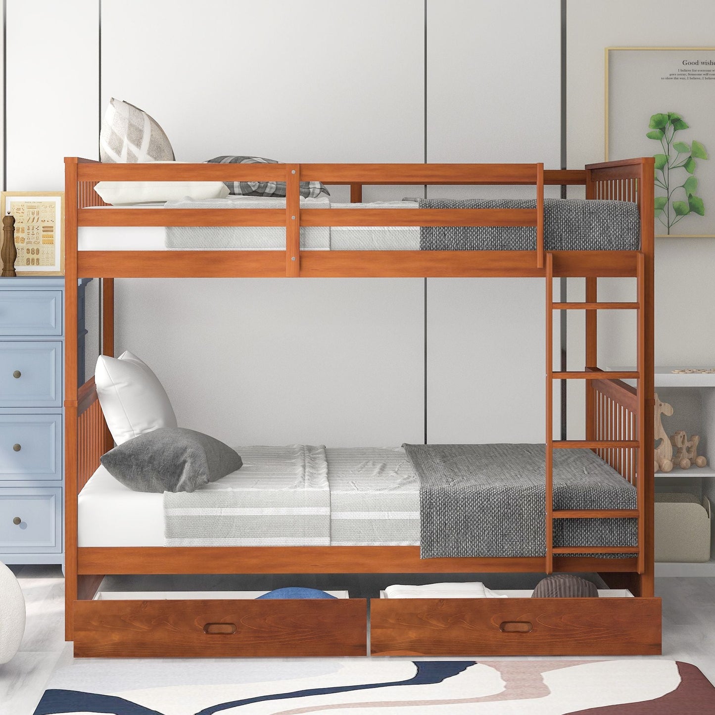 Shared Room Solution Full Over Full Wood Bunk Bed with Ladders and Storage Drawers, Walnut | Just Better Bunk Beds