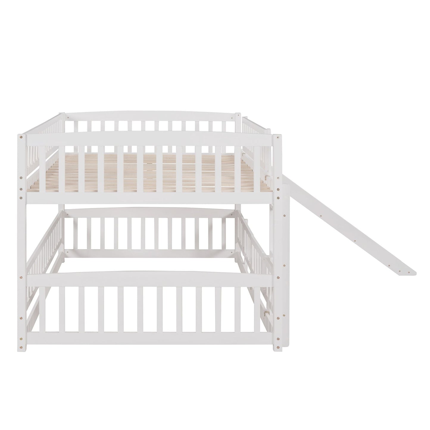Kids Bedroom Full Over Full Wood Bunk Bed with Slide, Fence, Ladder, White | Just Better Bunk Beds