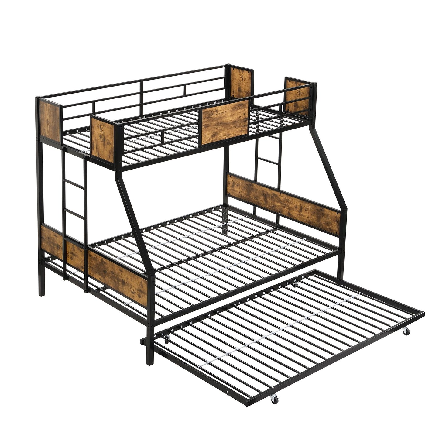 Twin Over FULL Metal Bunk Bed with Trundle 2 - Side Ladder and Full-Length Guardrail,  No Box Spring Needed,  Large Under Bed Storage,  Easy Assemble