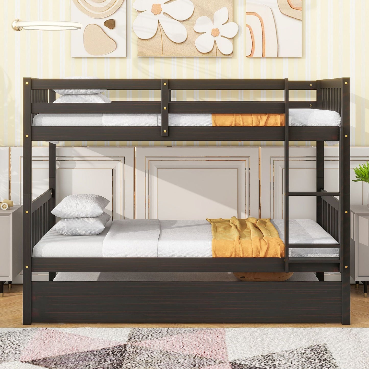 Convertible Twin Over Twin Rubber Wood Bunk Bed with Trundle, Ladder and Safety Guardrails, Espresso | Just Better Bunk Beds