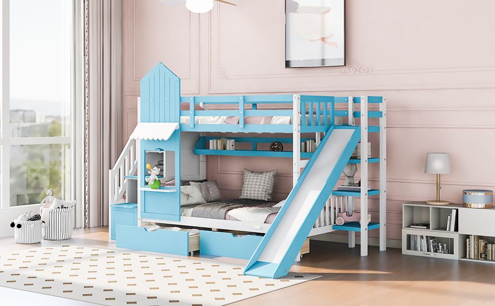 House-Style Twin Over Twin Wood Castle Bunk Bed with Drawers, Shelves, and Slide, Blue | Just Better Bunk Beds
