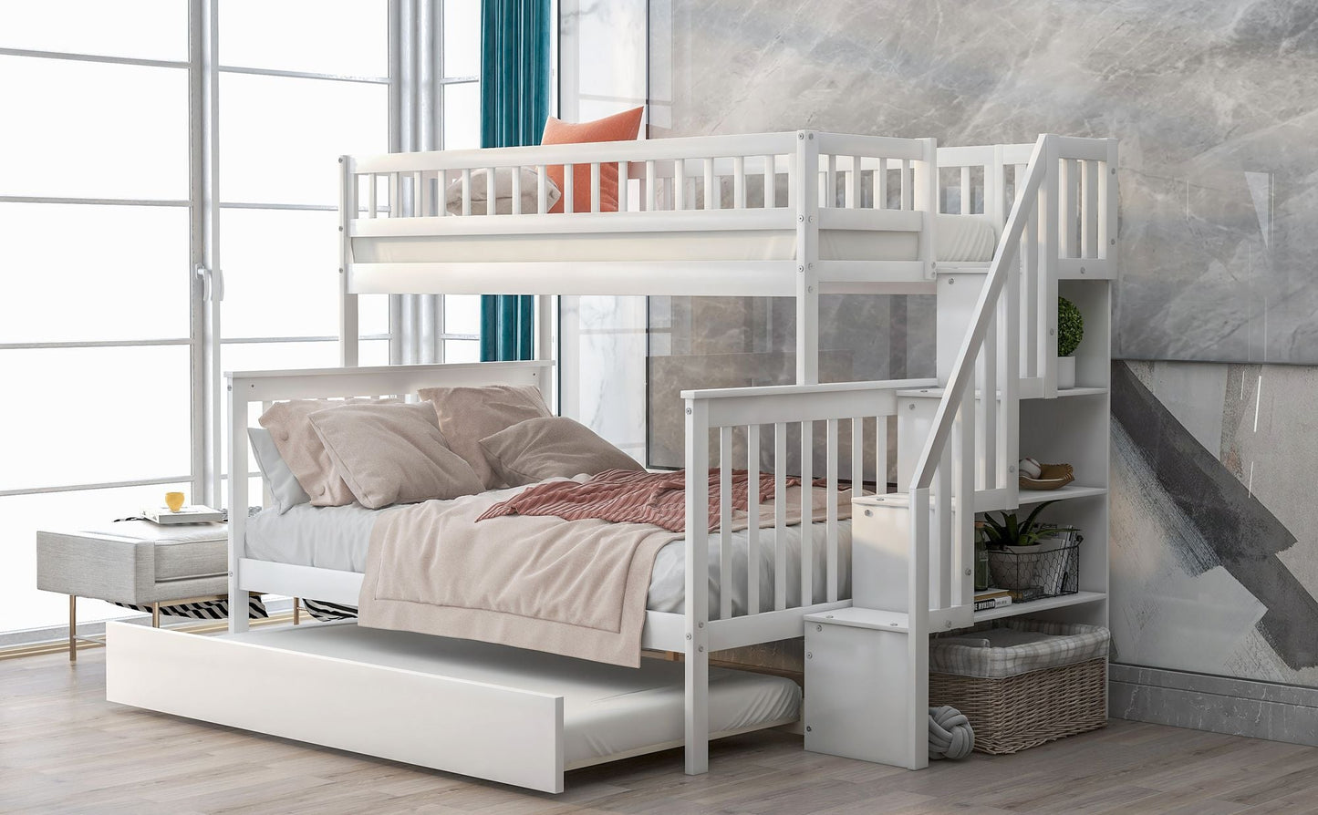 Twin over Full Bunk Bed with Trundle and Staircase, White