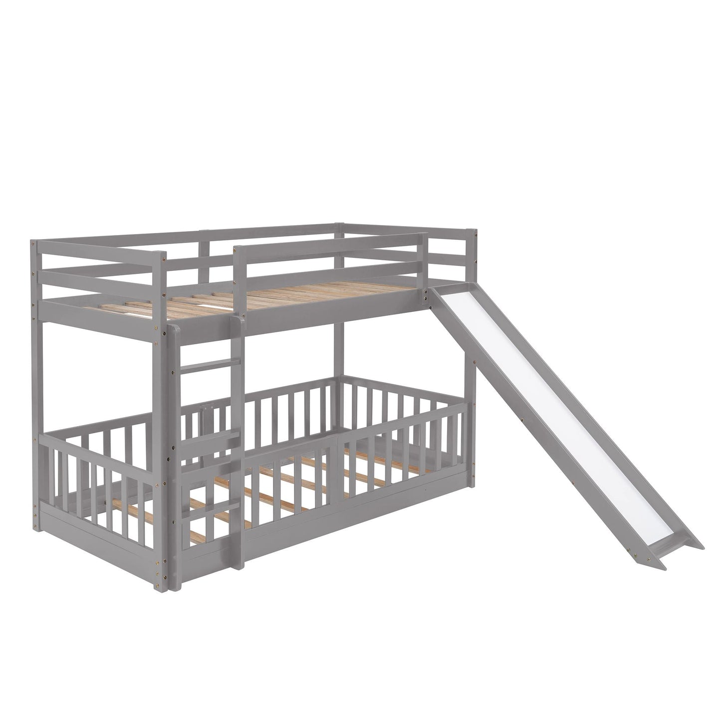 Kids Bedroom Twin Over Twin Wood Bunk Bed with Slide and Ladder, White | Just Better Bunk Beds