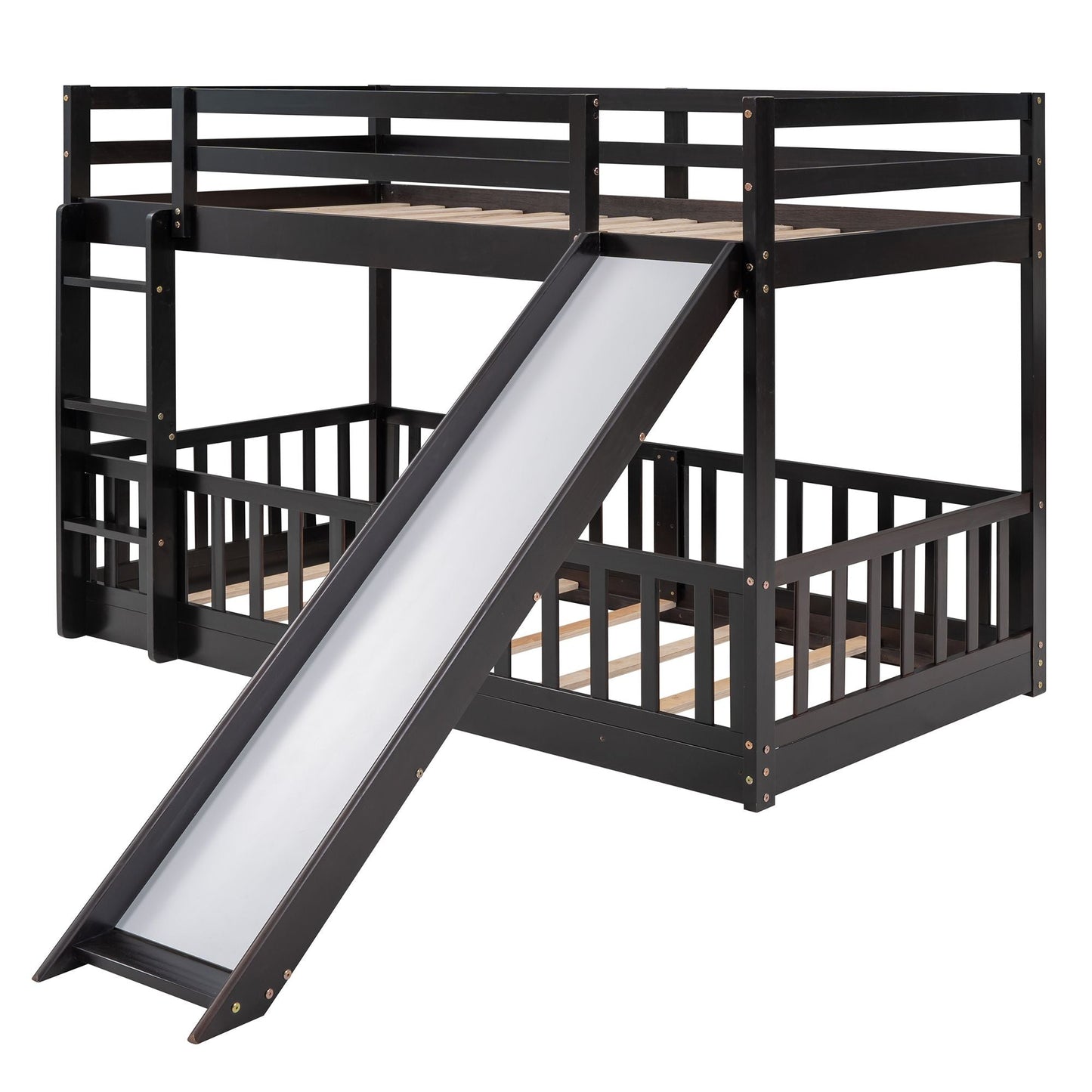 Kids Bedroom Twin Over Twin Wood Bunk Bed with Slide and Ladder, White | Just Better Bunk Beds