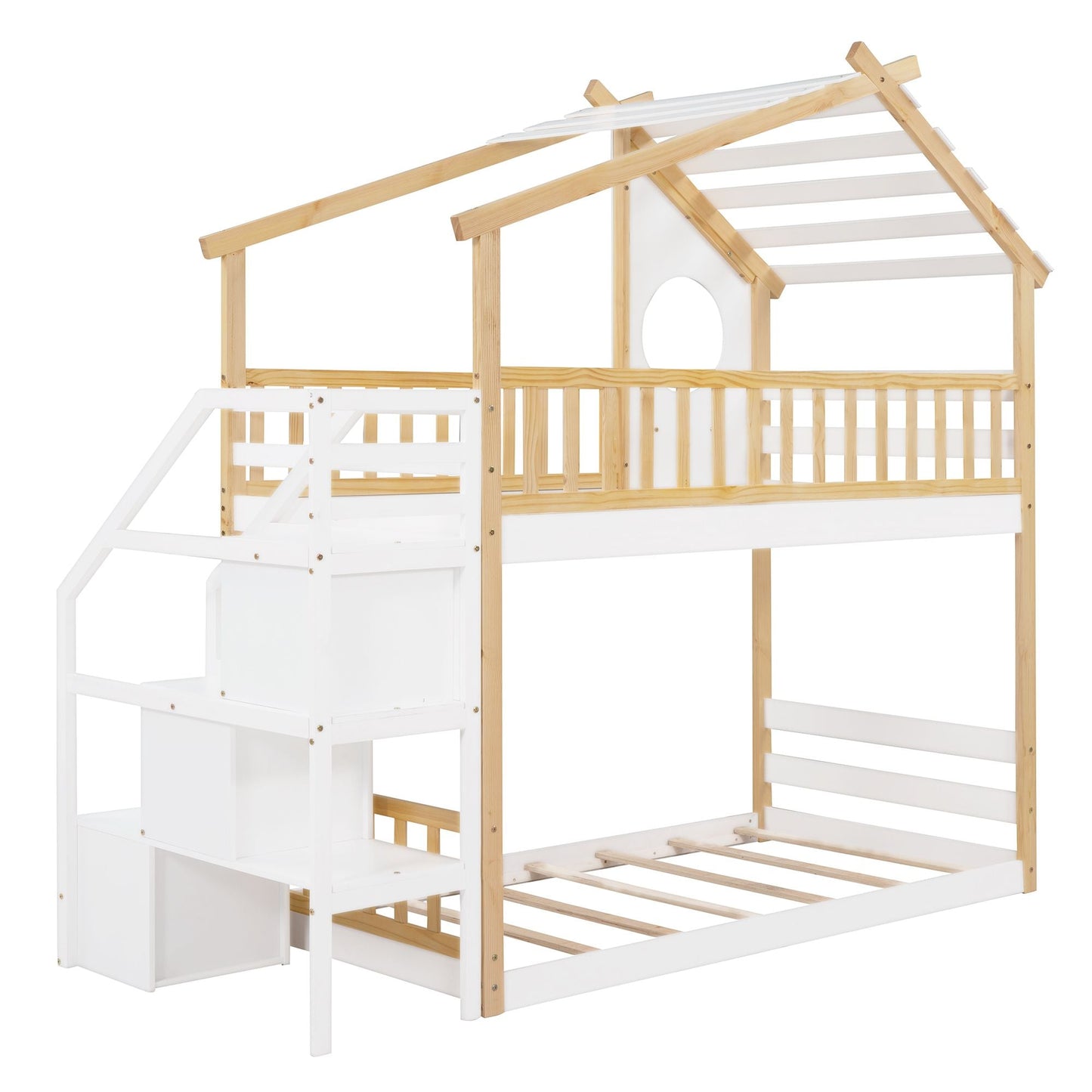 Staircase Storage Twin Over Twin Wood Bunk Bed with House Style, Storage, and Guard Rail, Natural and White | Just Better Bunk Beds