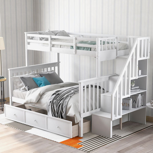 Stairway Twin-Over-Full Bunk Bed with Drawer,  Storage and Guard Rail for Bedroom,  Dorm,  for Adults,  White