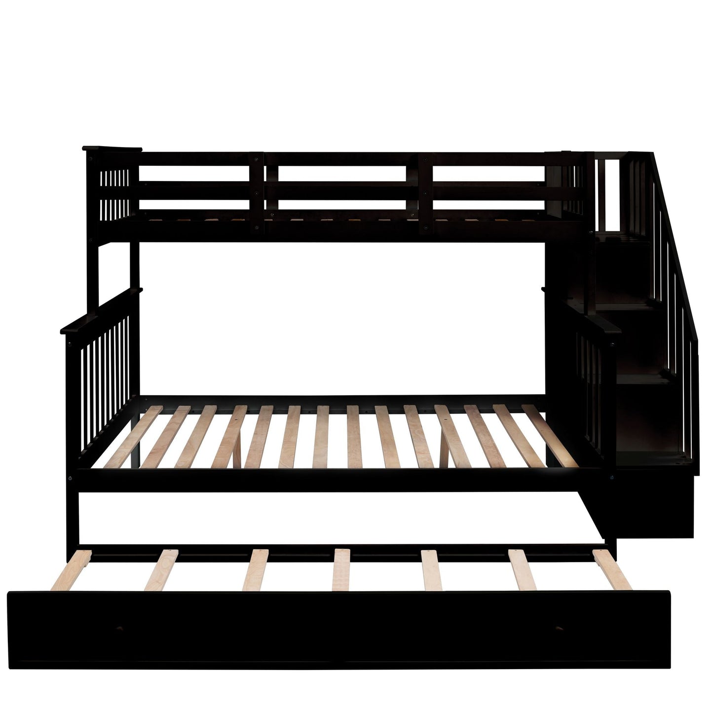 Twin-Over-Full Bunk Bed with Twin size Trundle,  Storage and Guard Rail for Bedroom,  Dorm,  for Adults,  Espresso