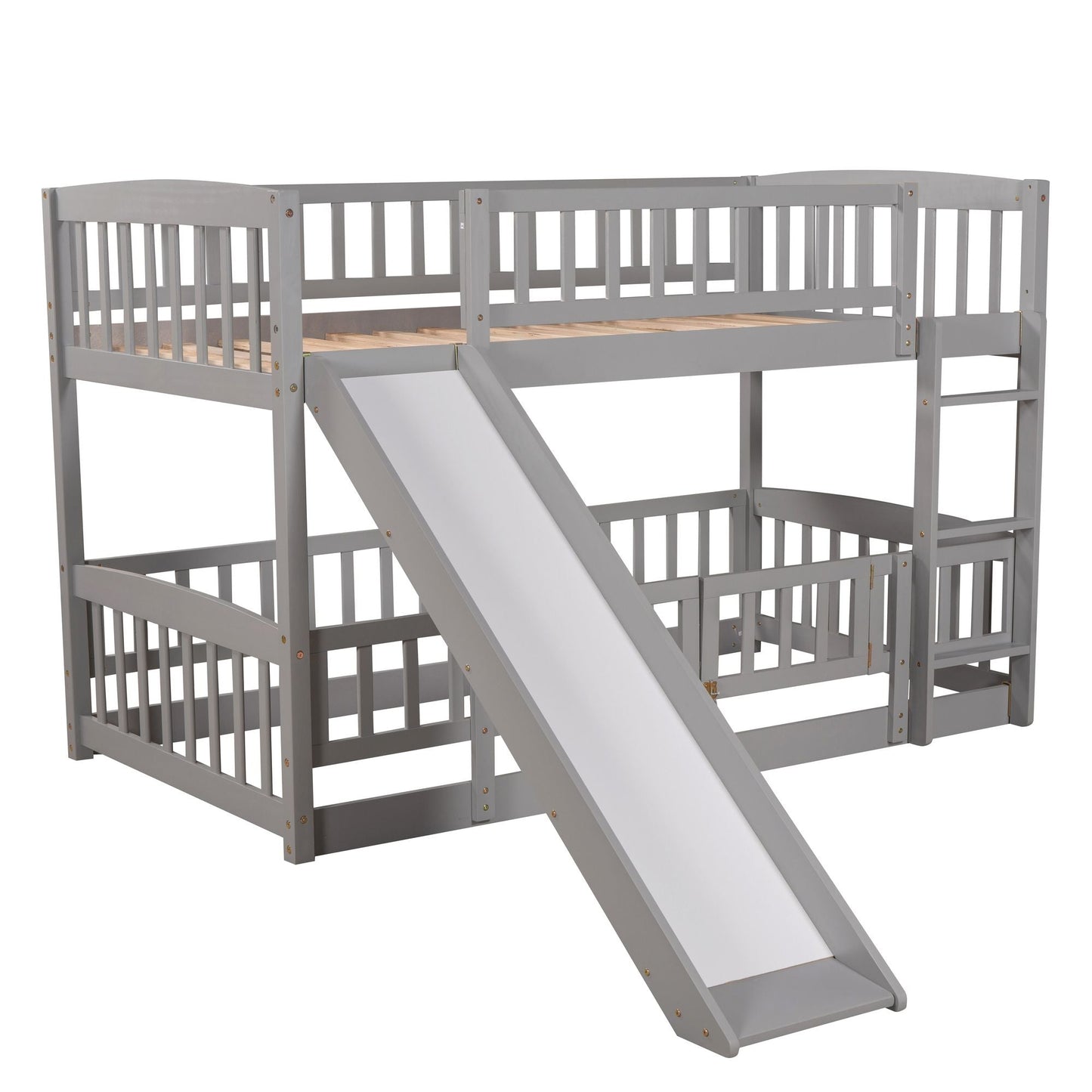 Kids Bedroom Twin Over Twin Wood Low Bunk Bed with Slide, Fence and Ladder, White | Just Better Bunk Beds