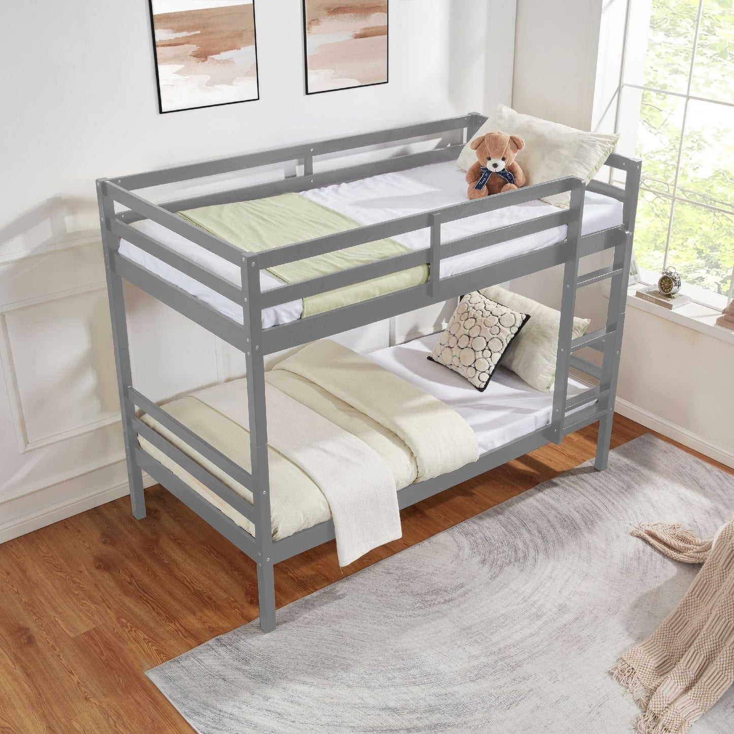 Twin over Twin Bunk Bed with Ladder,Wooden Bunk Bed with High Guardrail and Ladder for Kids, Teens, Dorm Rooms, and Guest Rooms,No Box Spring Needed,Grey