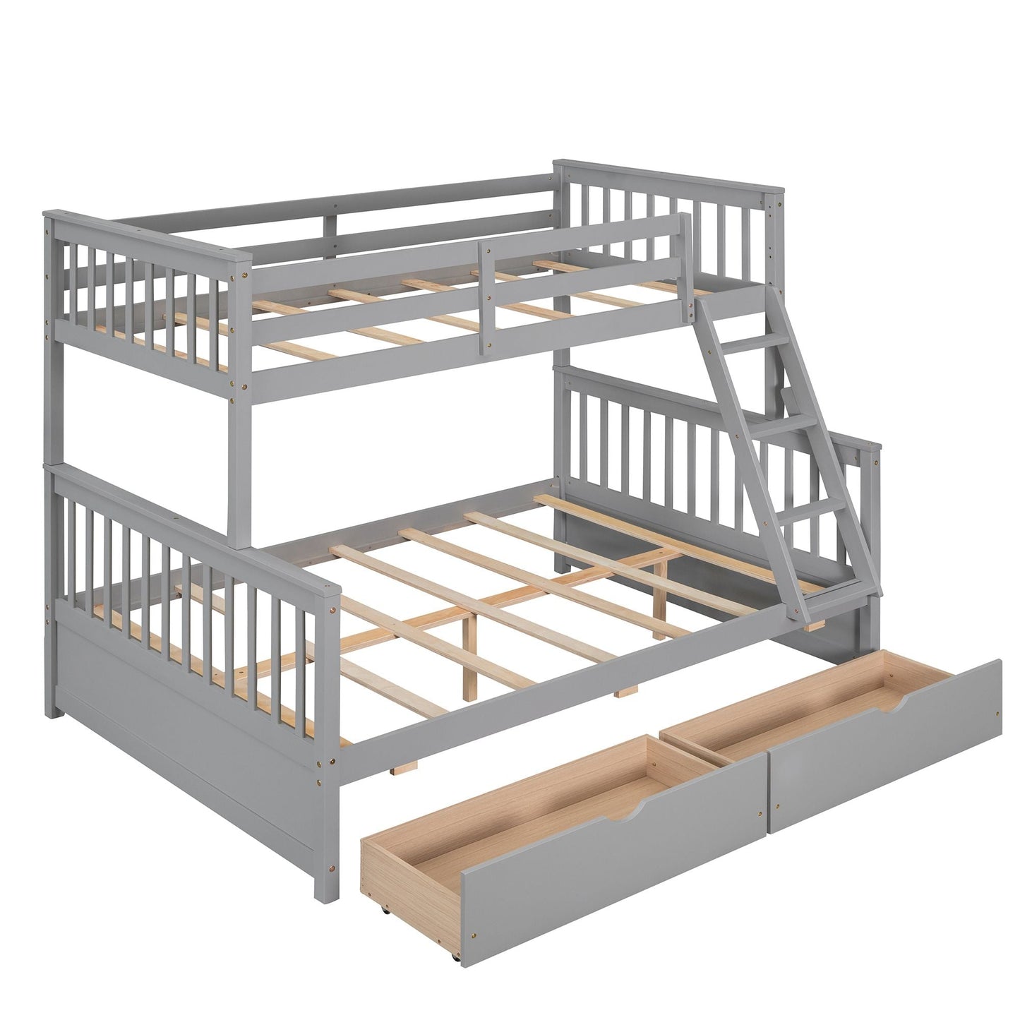 Kids Bedroom Twin Over Full Wood Bunk Bed with Ladders and Storage Drawers, Gray | Just Better Bunk Beds