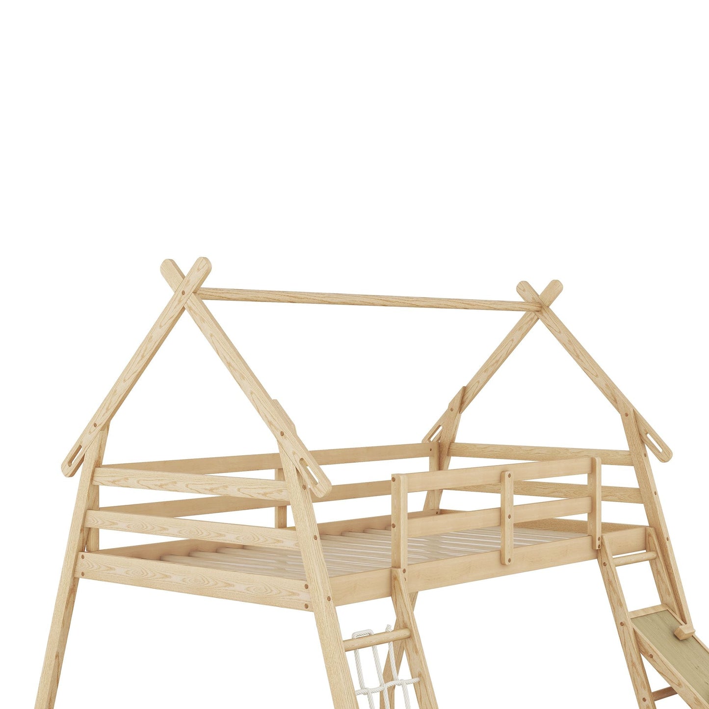 Shared Room Solution Twin Over Queen Wood House Bunk Bed with Climbing Nets and Ramp, Natural | Just Better Bunk Beds