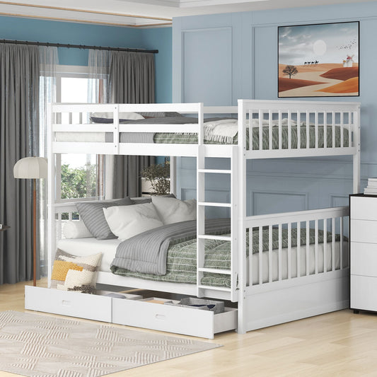 Shared Room Solution Full Over Full Wood Bunk Bed with Ladders and Two Storage Drawers, White | Just Better Bunk Beds