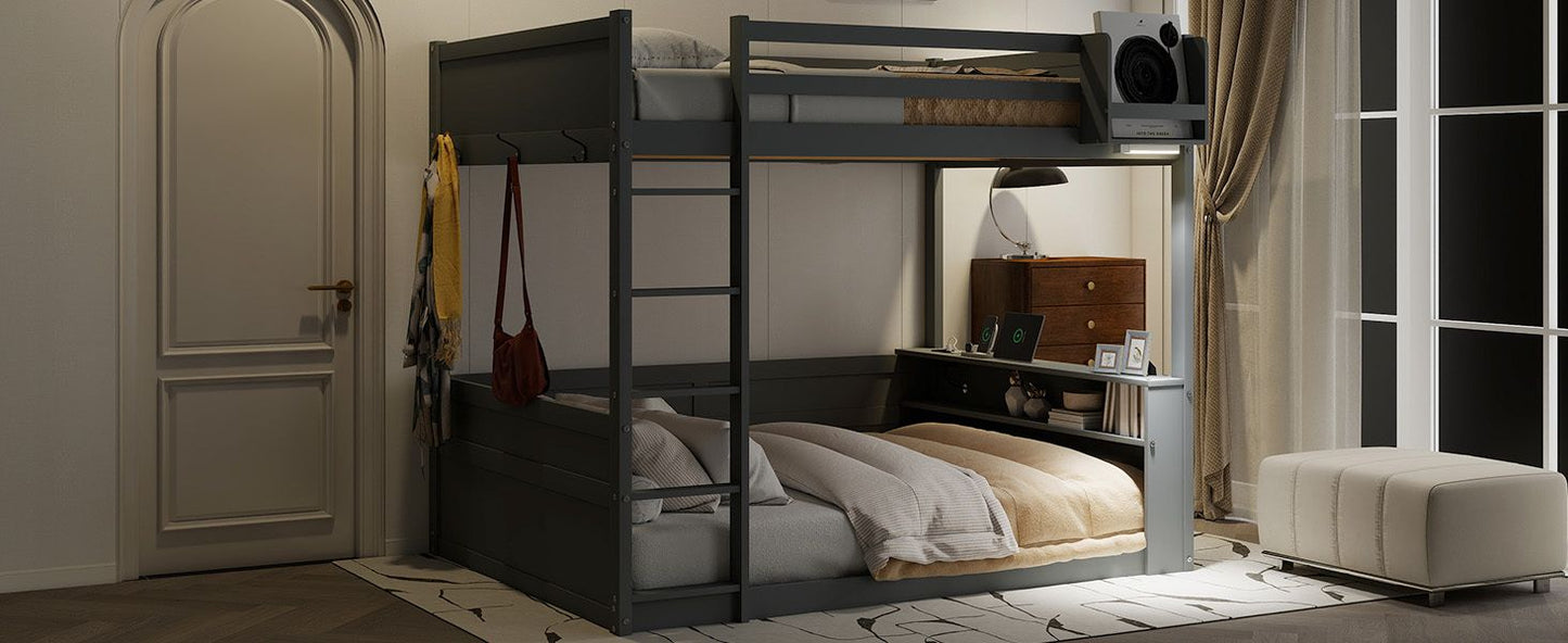 Kids Bedroom Queen Wood Bunk Bed with Built-in Shelves, Storage Box, LED Light, USB Charging, Gray | Just Better Bunk Beds