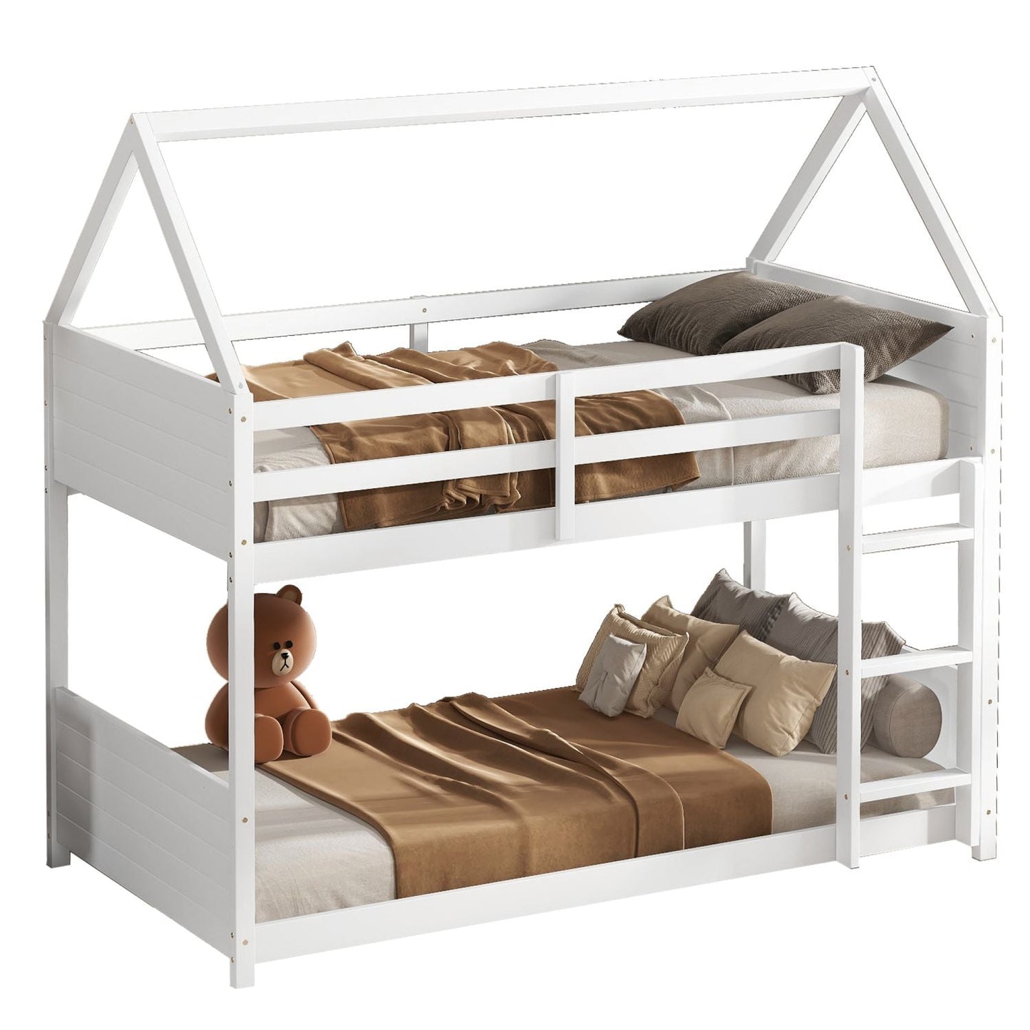 Twin Over Twin House Floor Bunk Bed with Headboards,  Footboards and Guardrails,  Ladder,  Rubber Wood Bunk Bed with Safety Guardrails, White