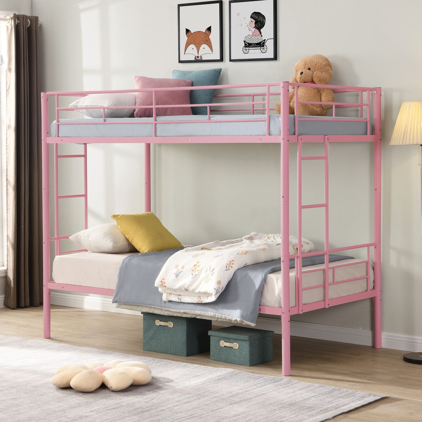 Shared Room Solution Twin Over Twin Metal Bunk Bed with 2 Ladders and Full-Length Guardrail, Black | Just Better Bunk Beds